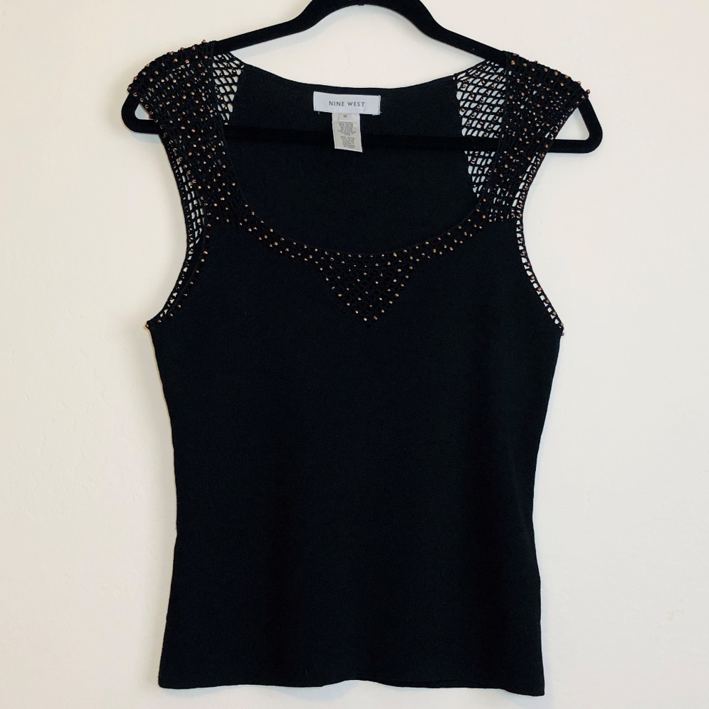 Black Nine West Knit Blouse with Mesh Bead Detail